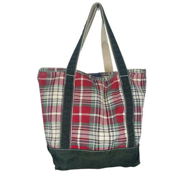 Lands’ End Plaid Canvas Tote Bag Red Green White Holiday Carryall - Picture 2 of 14